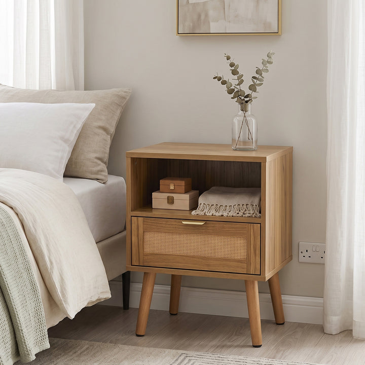 Walnut Boho Style Rattan Bedside Table Nightstand URBANASHPLUS