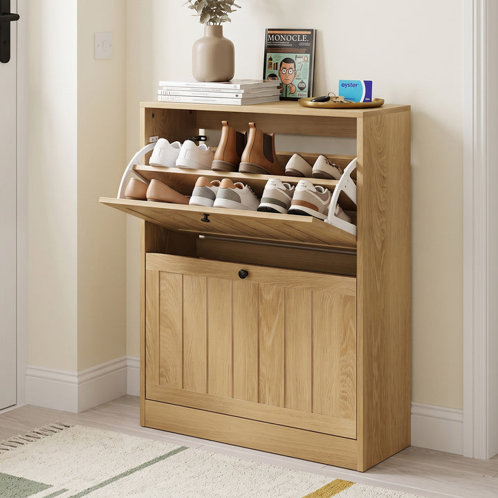 Oak Shoe Cabinet with 2 Tilt-Out Drawers 60 cm URBANBAR
