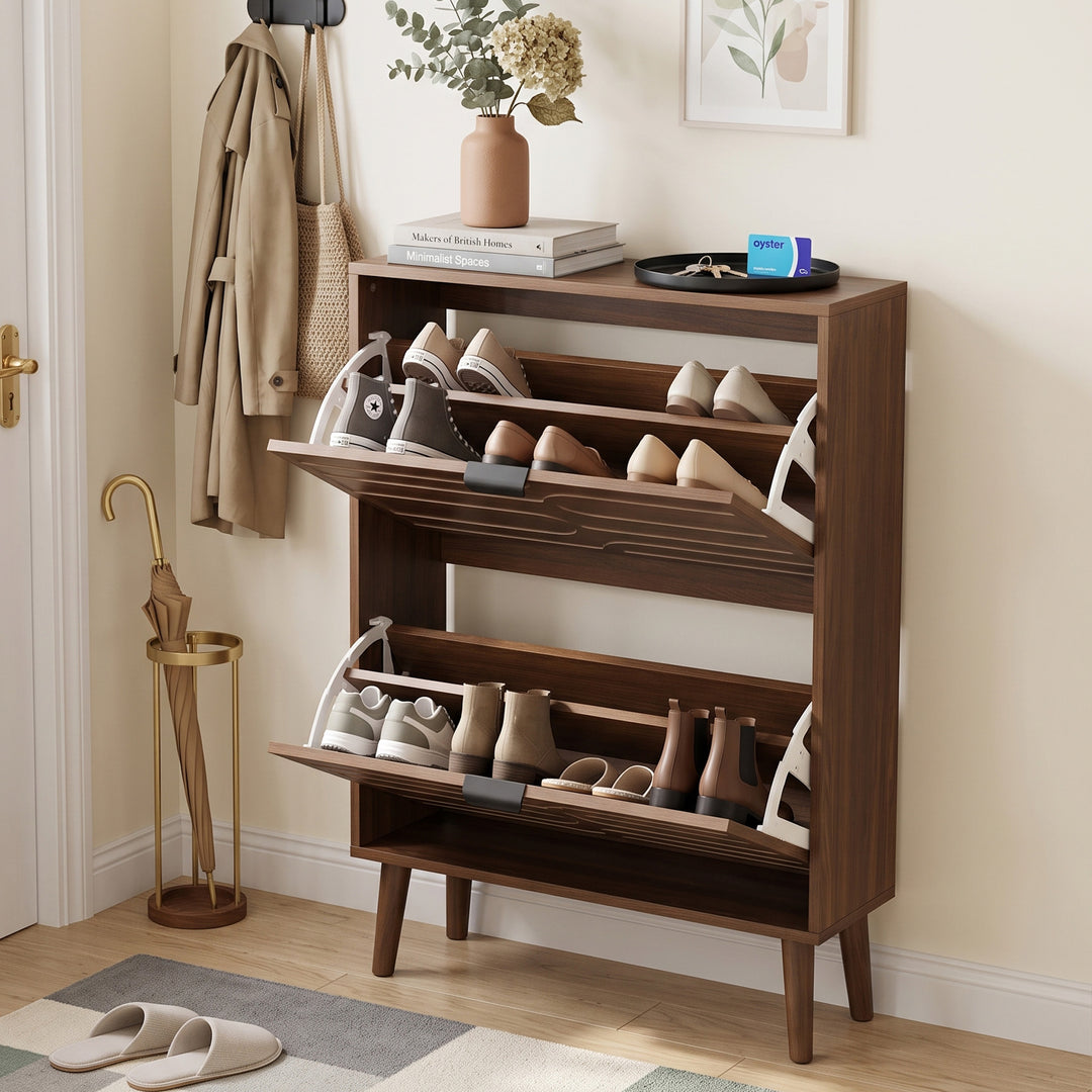 Walnut Shoe Storage Cabinet Farmhouse Style with 2 Flip Drawers H98cm URBANBENCH