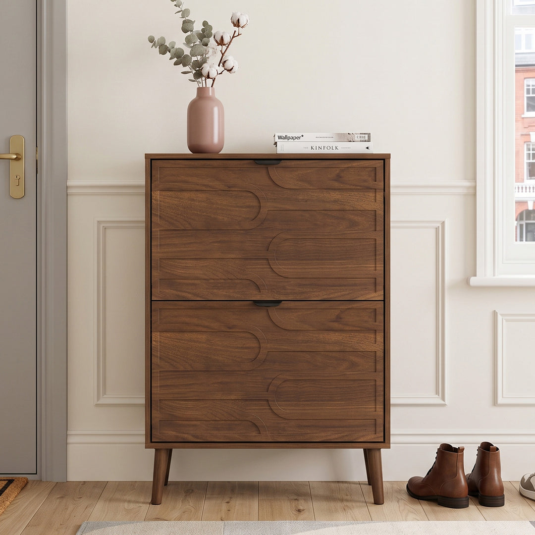 Walnut Shoe Storage Cabinet Farmhouse Style with 2 Flip Drawers H98cm URBANBENCH