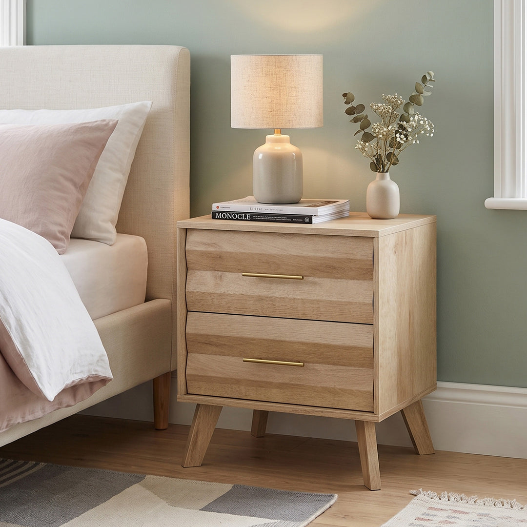 Mid-Century Oak Finish Bedside Table with 2 Drawers 50x40x58cm URBANCHAIR