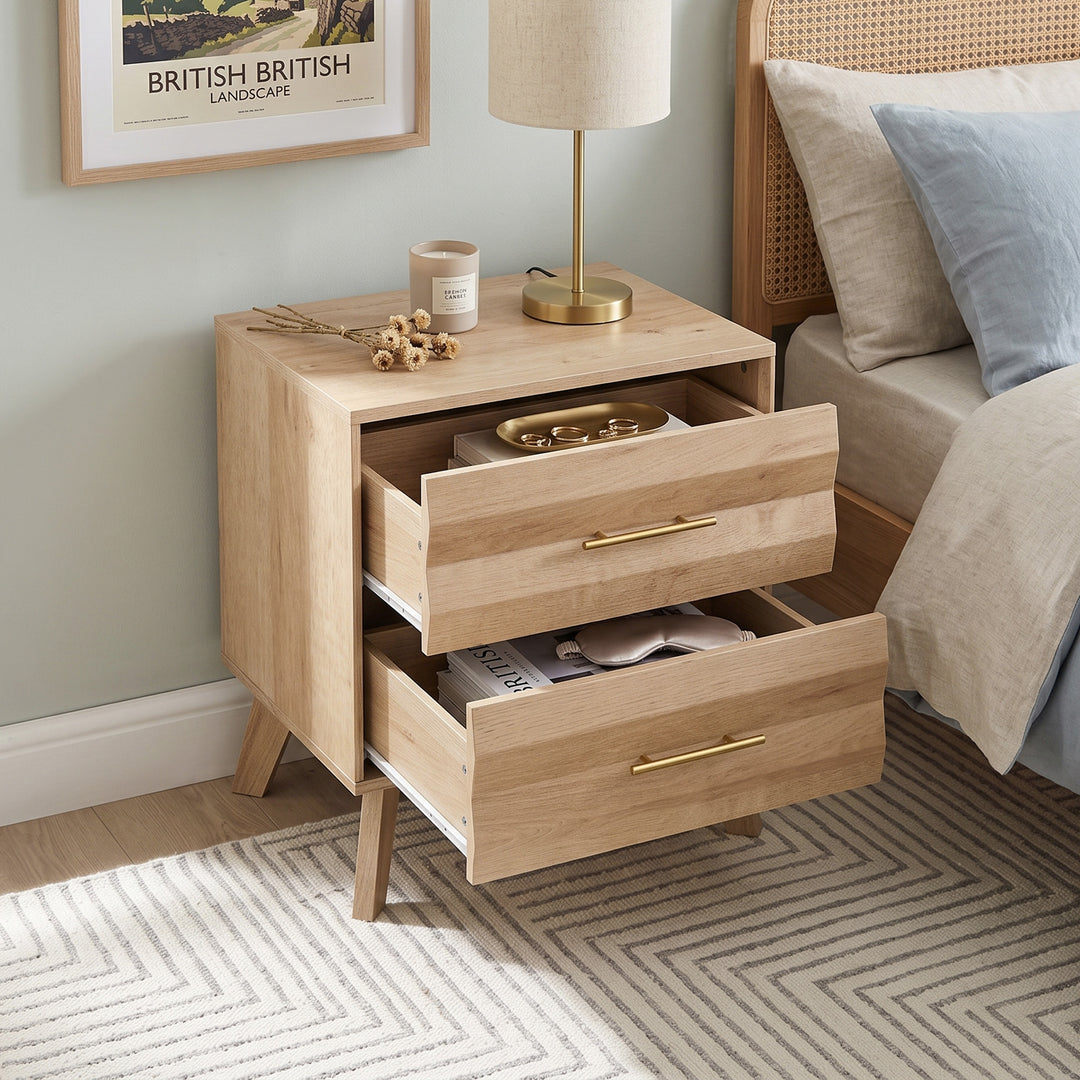 Mid-Century Oak Finish Bedside Table with 2 Drawers 50x40x58cm URBANCHAIR