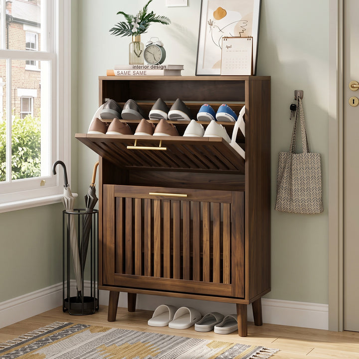 Walnut Slatted Shoe Cabinet with 2 Flip Drawers and Gold Handles 60 cm URBANCONCRETESTYLE