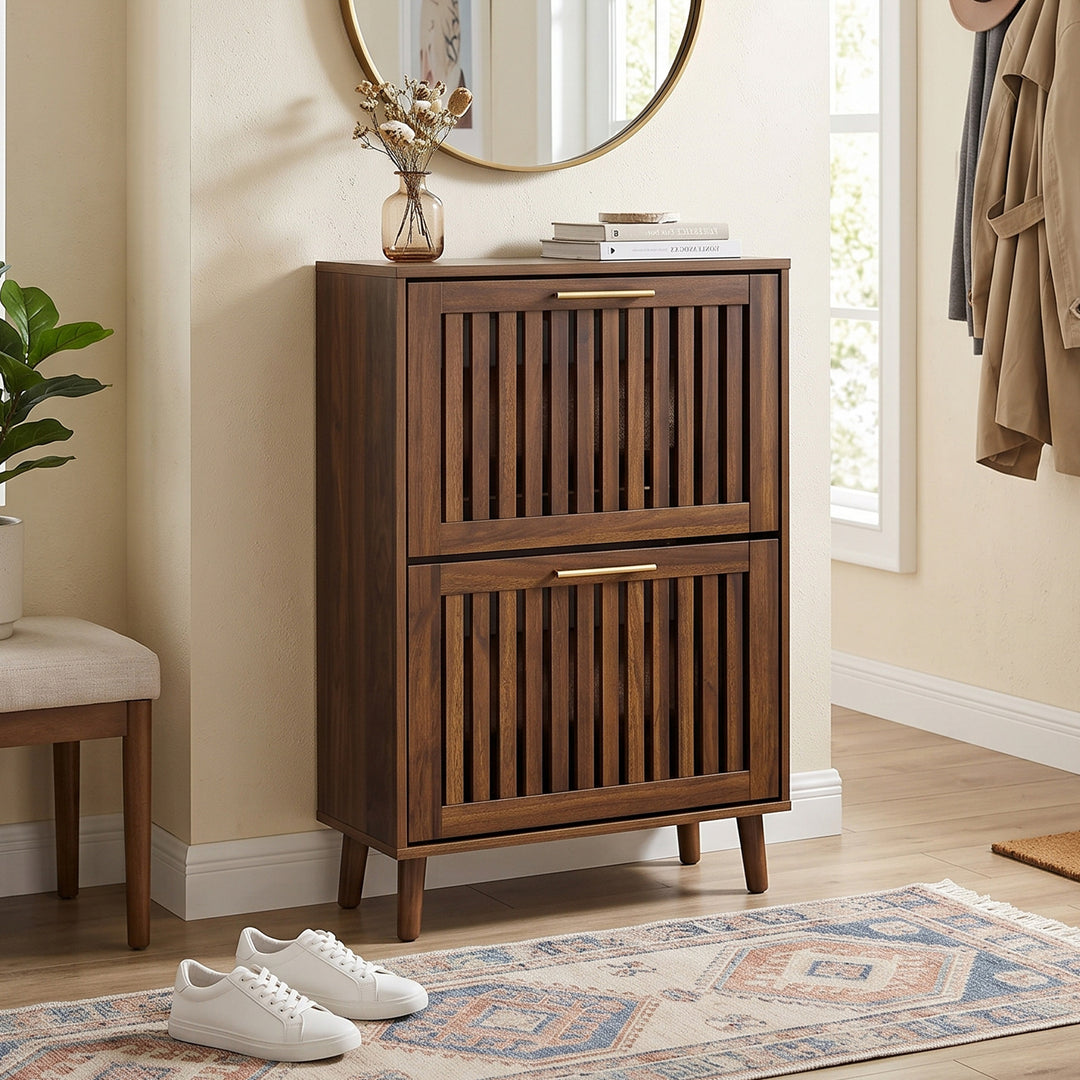 Walnut Slatted Shoe Cabinet with 2 Flip Drawers and Gold Handles 60 cm URBANCONCRETESTYLE
