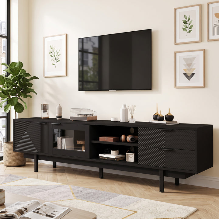Black TV Stand with 2 Doors, 2 Drawers and Open Shelves 200 cm URBANCOPPERELITE