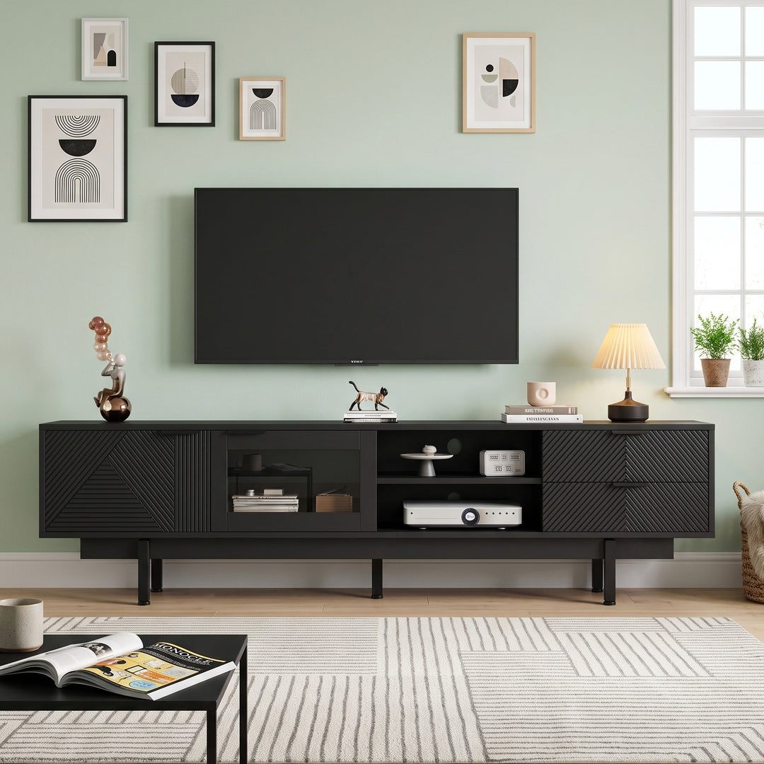 Black TV Stand with 2 Doors, 2 Drawers and Open Shelves 200 cm URBANCOPPERELITE