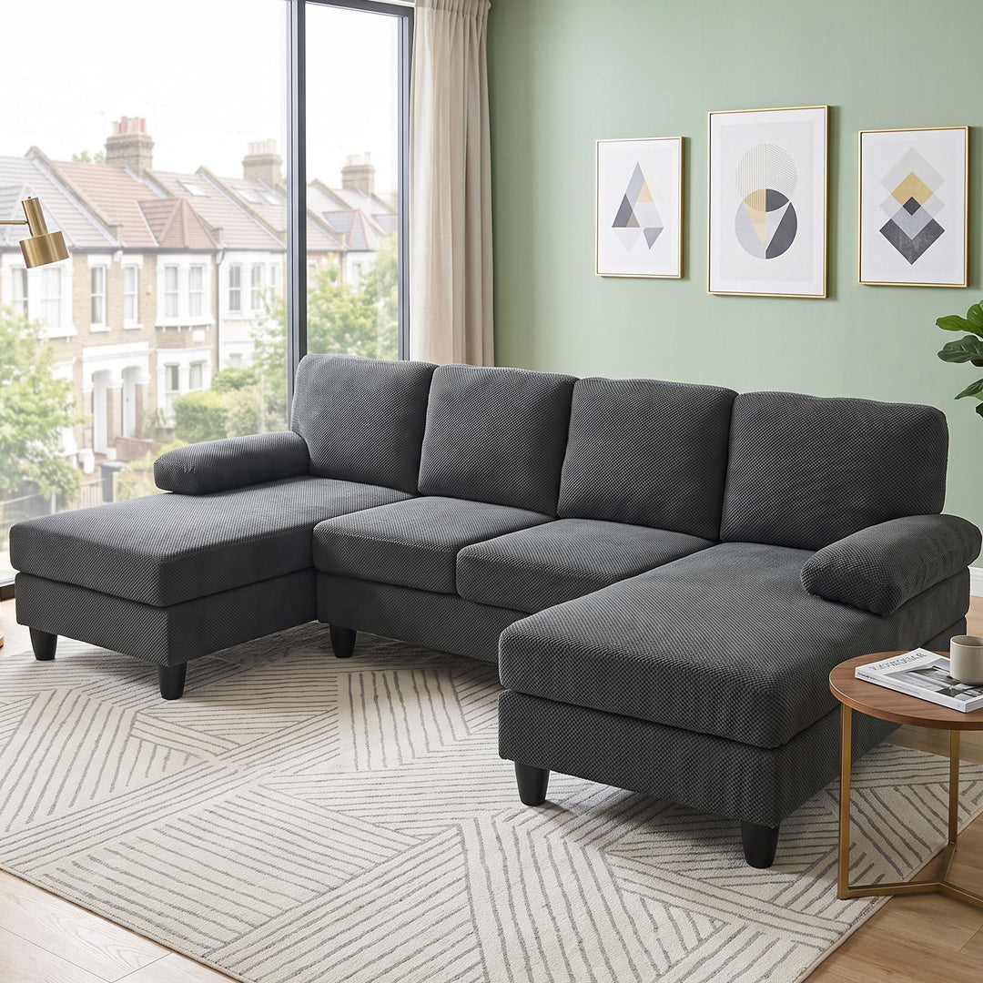 U-Shaped Sectional Sofa, Dark Gray Fabric Couch with Double Chaises 264cm URBANCOPPERPRO