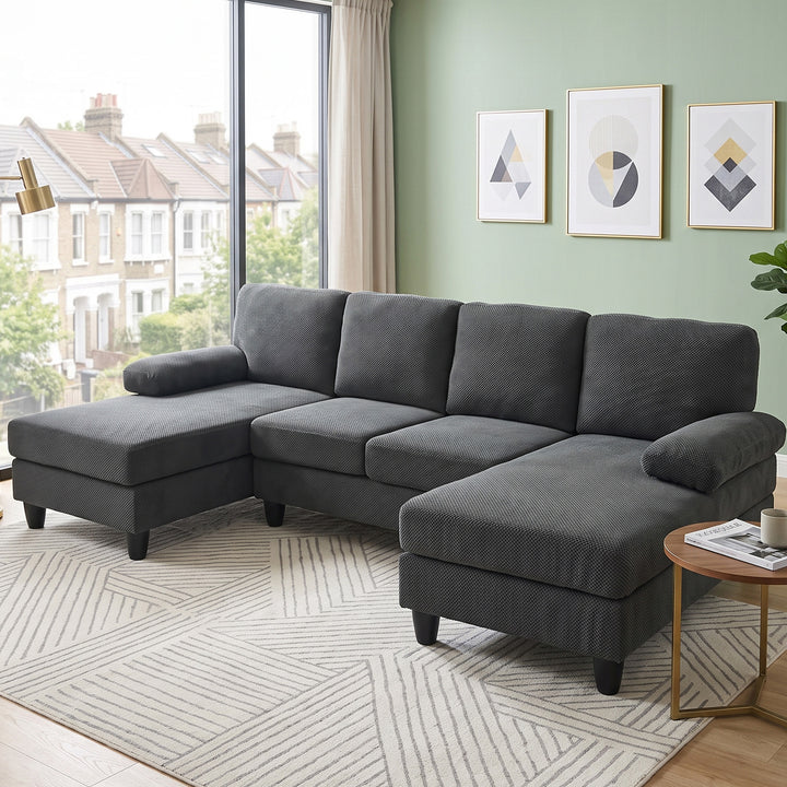 U-Shaped Sectional Sofa, Dark Gray Fabric Couch with Double Chaises 264cm URBANCOPPERPRO
