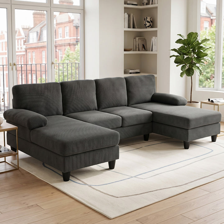 U-Shaped Sectional Sofa, Dark Gray Fabric Couch with Double Chaises 264cm URBANCOPPERPRO