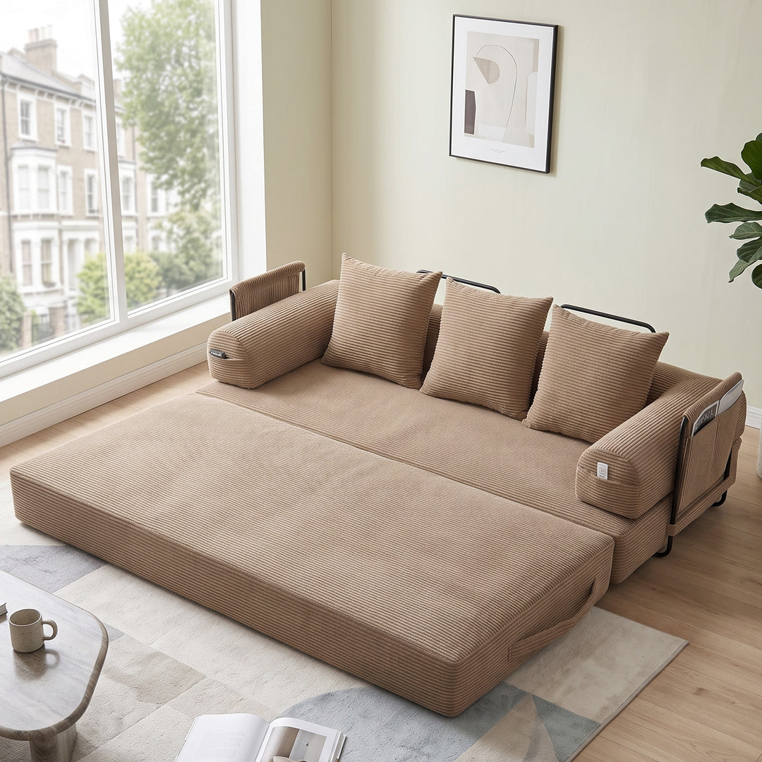 Multi-Purpose Fold-Out Guest Bed Khaki and Modular Floor Sofa Set in Beige Corduroy with 2 Cushions URBANCORNER