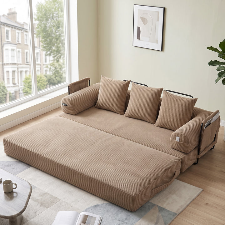 Multi-Purpose Fold-Out Guest Bed Khaki and Modular Floor Sofa Set in Beige Corduroy with 2 Cushions URBANCORNER