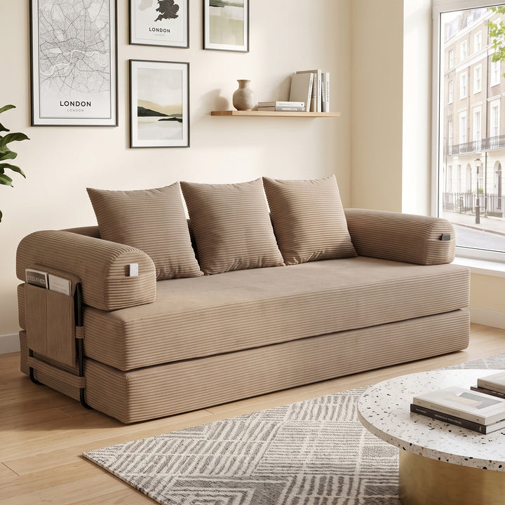 Multi-Purpose Fold-Out Guest Bed Khaki and Modular Floor Sofa Set in Beige Corduroy with 2 Cushions URBANCORNER