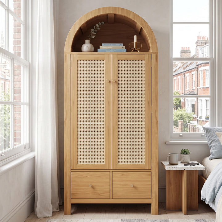 Arched Rattan Wooden Cabinet with Display Shelf and Drawers 181cm URBANCREDENZA