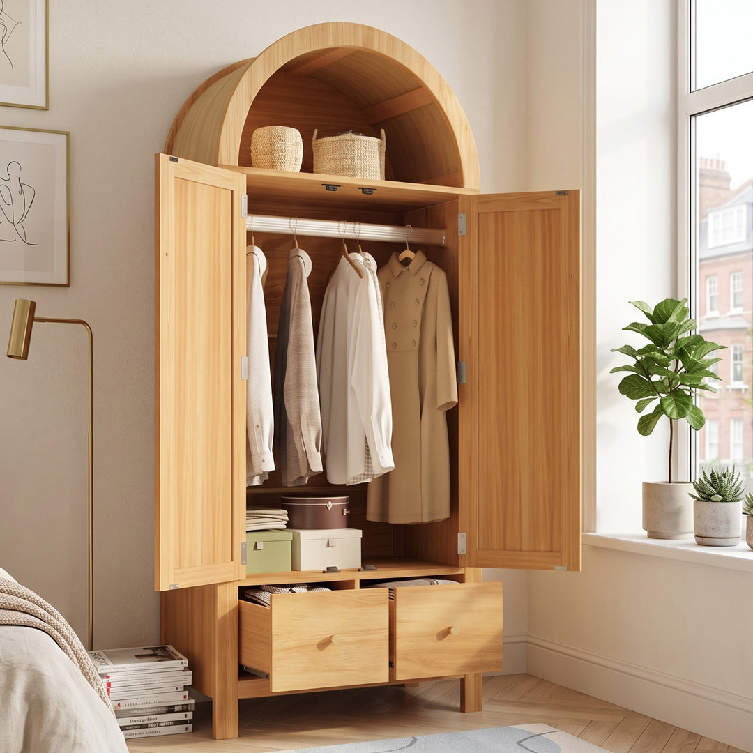Arched Rattan Wooden Cabinet with Display Shelf and Drawers 181cm URBANCREDENZA