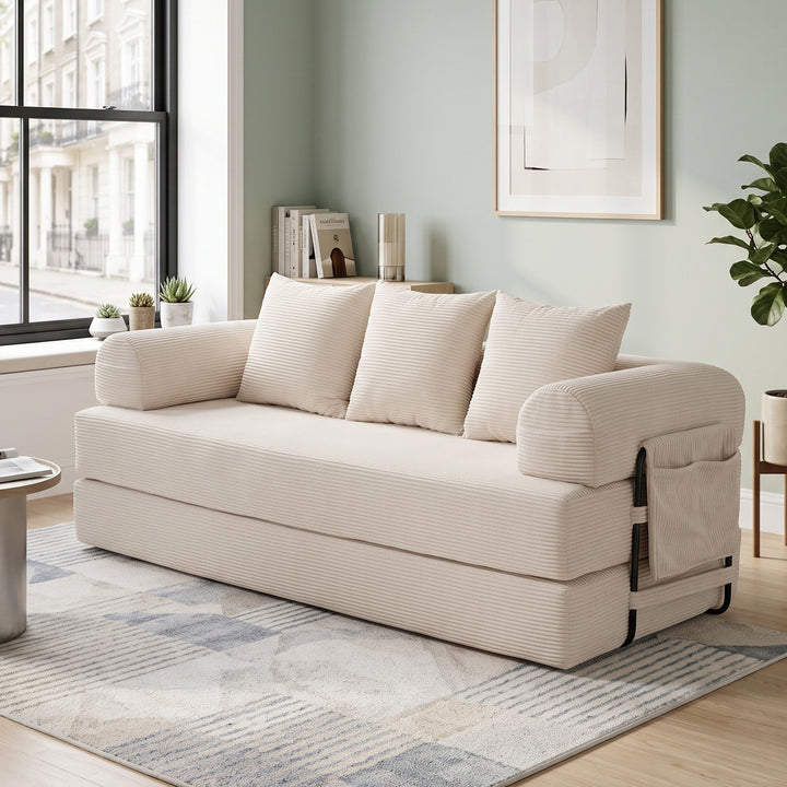 Multi-Purpose Fold-Out Guest Bed and Modular Floor Sofa Set in Beige Corduroy with 2 Cushions URBANDESK