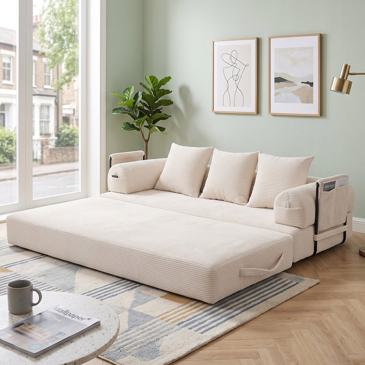 Multi-Purpose Fold-Out Guest Bed and Modular Floor Sofa Set in Beige Corduroy with 2 Cushions URBANDESK