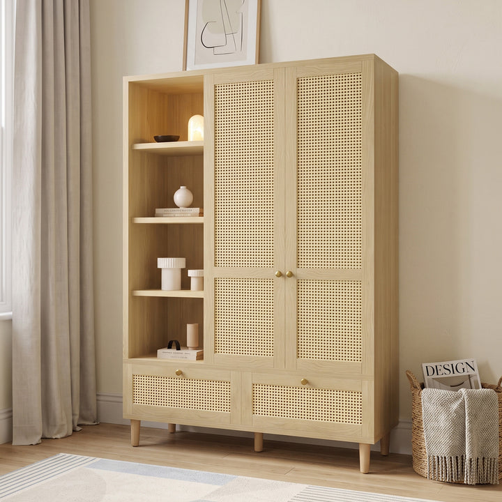 Rattan Wooden Wardrobe 2-Door with Drawers 120x50x180cm URBANGOLDPLUS
