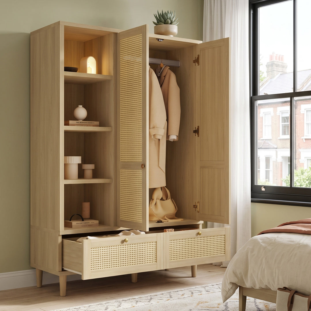 Rattan Wooden Wardrobe 2-Door with Drawers 120x50x180cm URBANGOLDPLUS