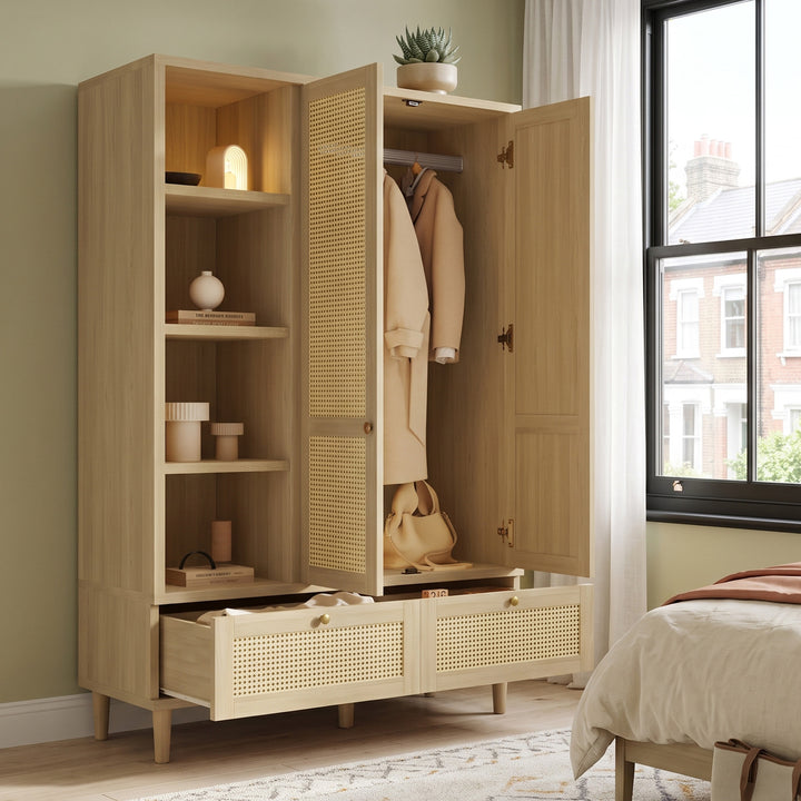 Rattan Wooden Wardrobe 2-Door with Drawers 120x50x180cm URBANGOLDPLUS