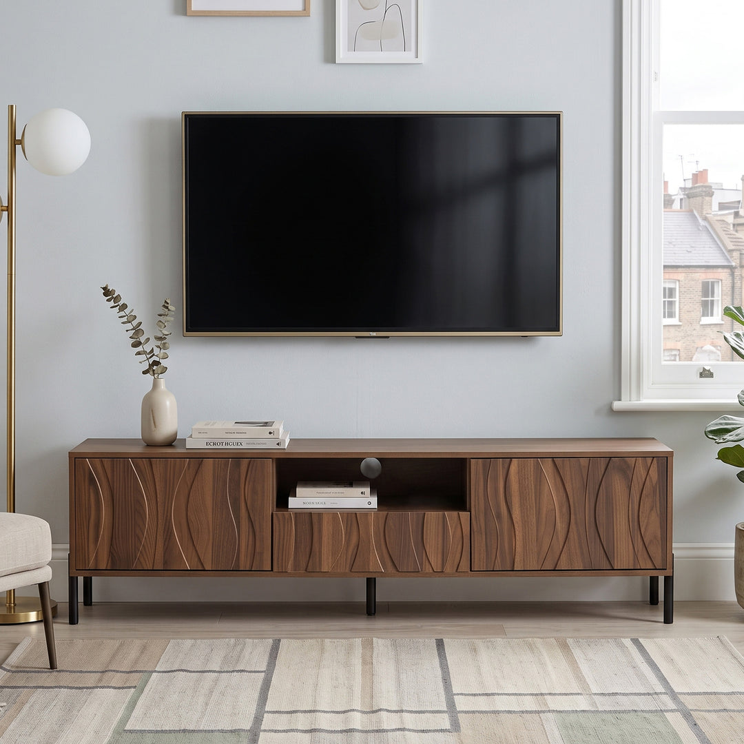 Natural Wooden TV Cabinet with 3 Wave-Design Doors, Cable Management 160cm URBANMIRROR