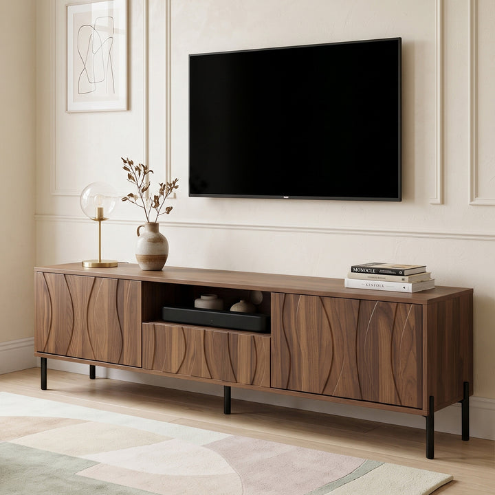 Natural Wooden TV Cabinet with 3 Wave-Design Doors, Cable Management 160cm URBANMIRROR