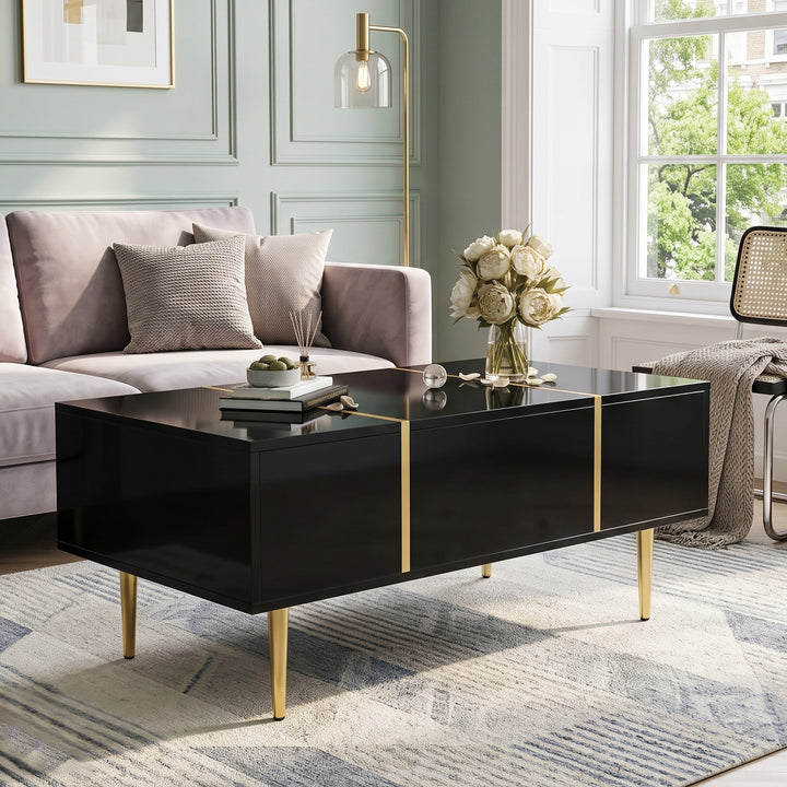 Black High-Gloss Coffee Table with 2 Drawers Golden Stripes 100 x 60 cm URBANORGANIZER