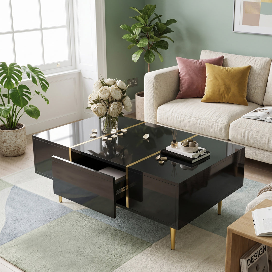 Black High-Gloss Coffee Table with 2 Drawers Golden Stripes 100 x 60 cm URBANORGANIZER