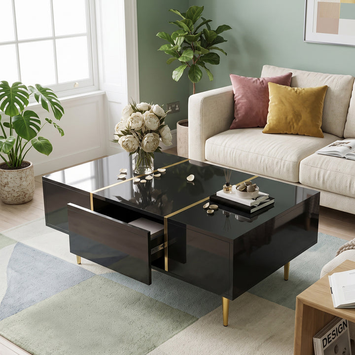 Black High-Gloss Coffee Table with 2 Drawers Golden Stripes 100 x 60 cm URBANORGANIZER