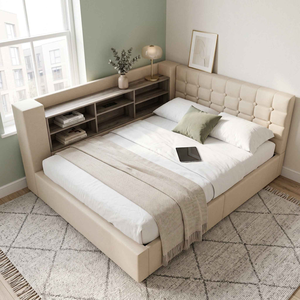 00+Daybed 135 x 190 cm Linen Beige, LED Storage Bed with USB-C Charging for Bedroom URBANSHELF