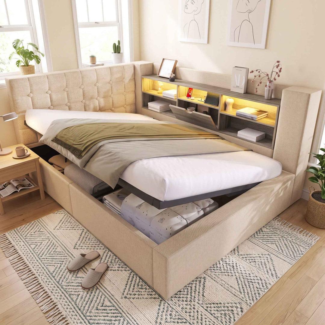00+Daybed 135 x 190 cm Linen Beige, LED Storage Bed with USB-C Charging for Bedroom URBANSHELF