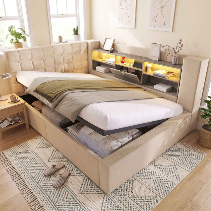 00+Daybed 135 x 190 cm Linen Beige, LED Storage Bed with USB-C Charging for Bedroom URBANSHELF