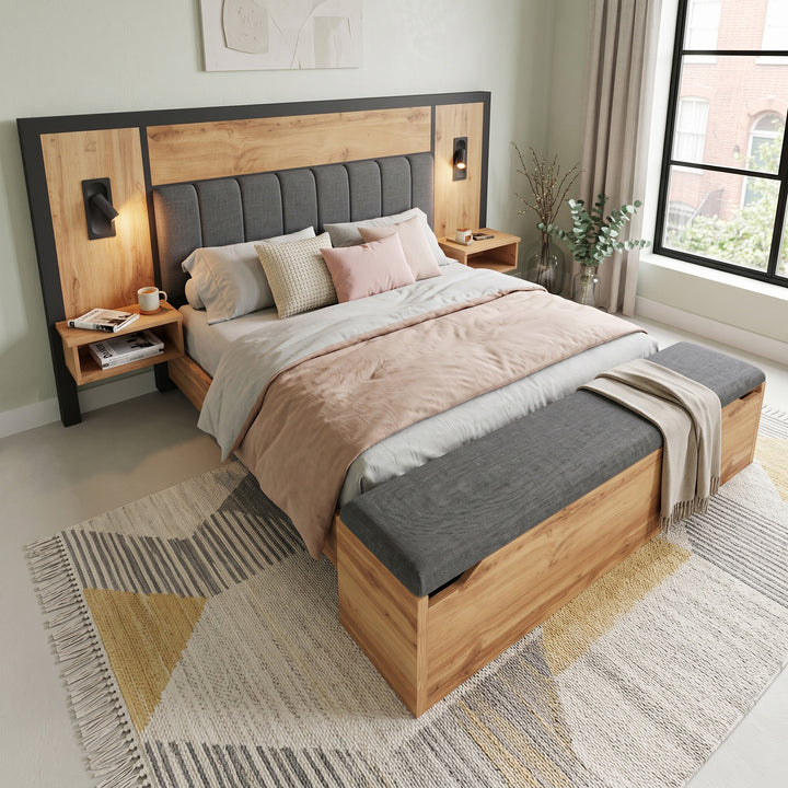 Double Oak Wooden Platform Bed with Storage Bench, Lamps and Charging Station 150x200cm URBANWICKERMAX
