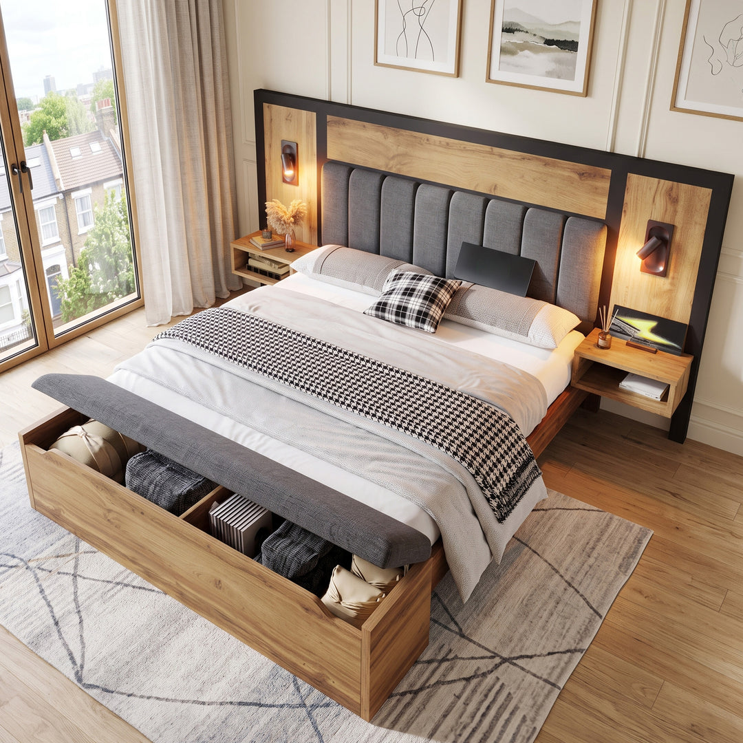 Double Oak Wooden Platform Bed with Storage Bench, Lamps and Charging Station 150x200cm URBANWICKERMAX