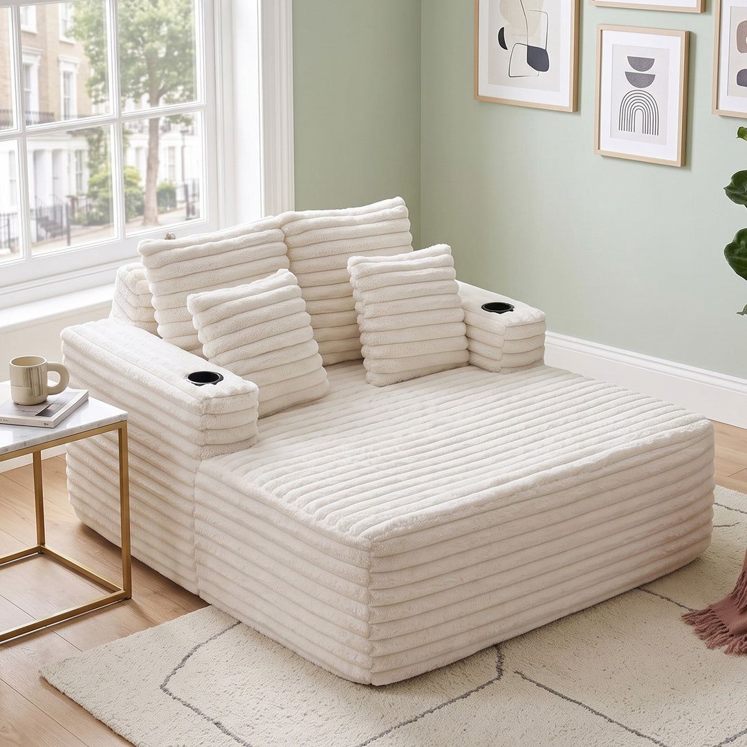 Corduroy Convertible Sleeper Sofa Bed, White Oversized Chair with Cup Holders and Pillows URBANWOODMAX