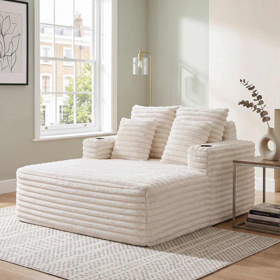 Corduroy Convertible Sleeper Sofa Bed, White Oversized Chair with Cup Holders and Pillows URBANWOODMAX