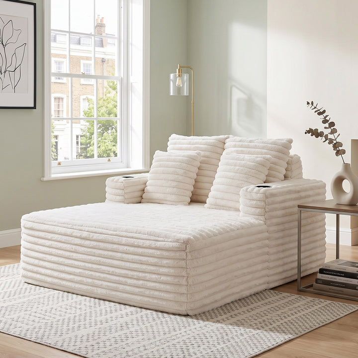 Corduroy Convertible Sleeper Sofa Bed, White Oversized Chair with Cup Holders and Pillows URBANWOODMAX