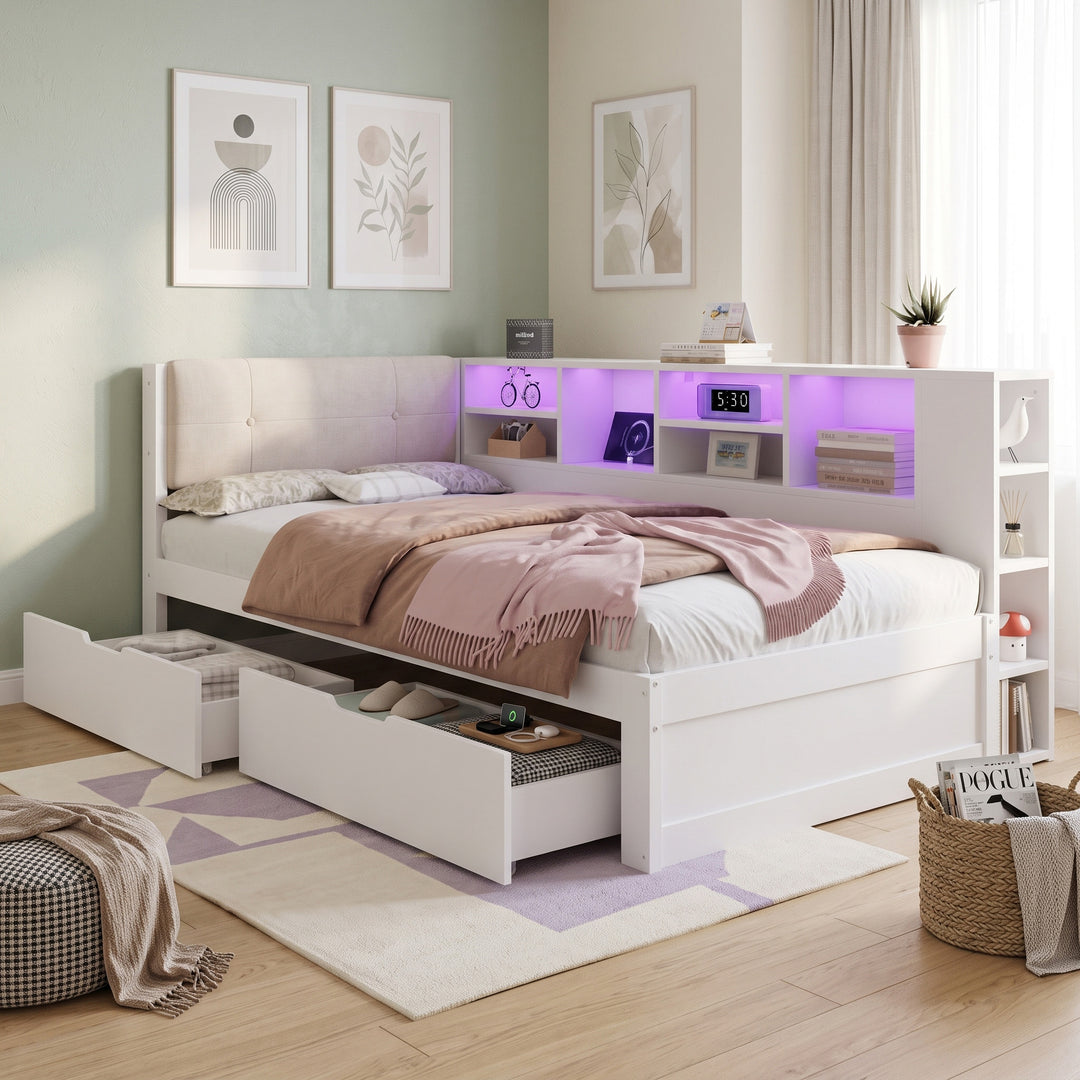 Single Storage Bed 3ft White with 2 Drawers & LED Light 90x190 URBANWOOLLINE