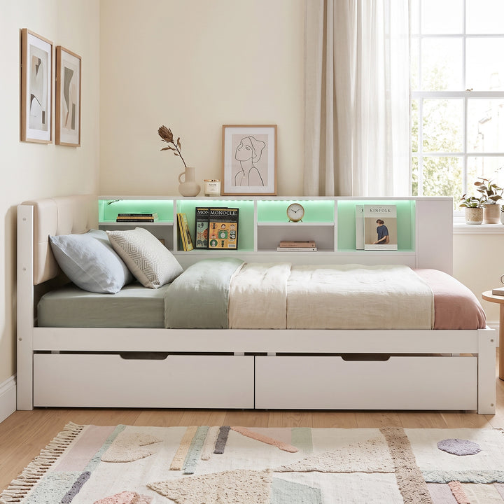 Single Storage Bed 3ft White with 2 Drawers & LED Light 90x190 URBANWOOLLINE