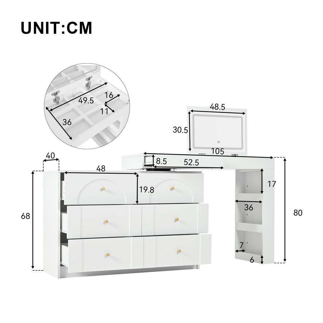 White L-shaped rotating vanity desk with LED mirror makeup table ELEGANT THROW HOME