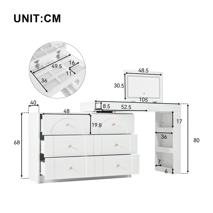 White L-shaped rotating vanity desk with LED mirror makeup table ELEGANT THROW HOME