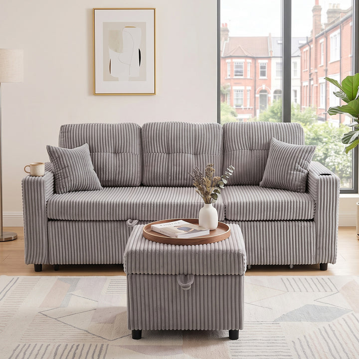 Convertible Pull-Out Sleeper Sofa, Light Gray Corduroy Sectional Couch with Storage Ottoman and LED USB Armrest Shelves 196cm VANITYAIR