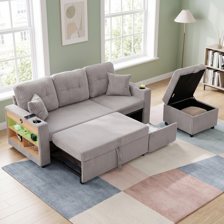 Convertible Pull-Out Sleeper Sofa, Light Gray Corduroy Sectional Couch with Storage Ottoman and LED USB Armrest Shelves 196cm VANITYAIR