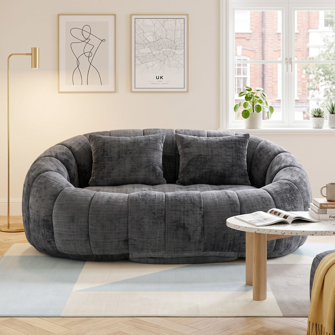 Contemporary Grey Chenille Curved Barrel Chair and Cuddle Lounger with 2 Pillows VANITYCOLLECTION