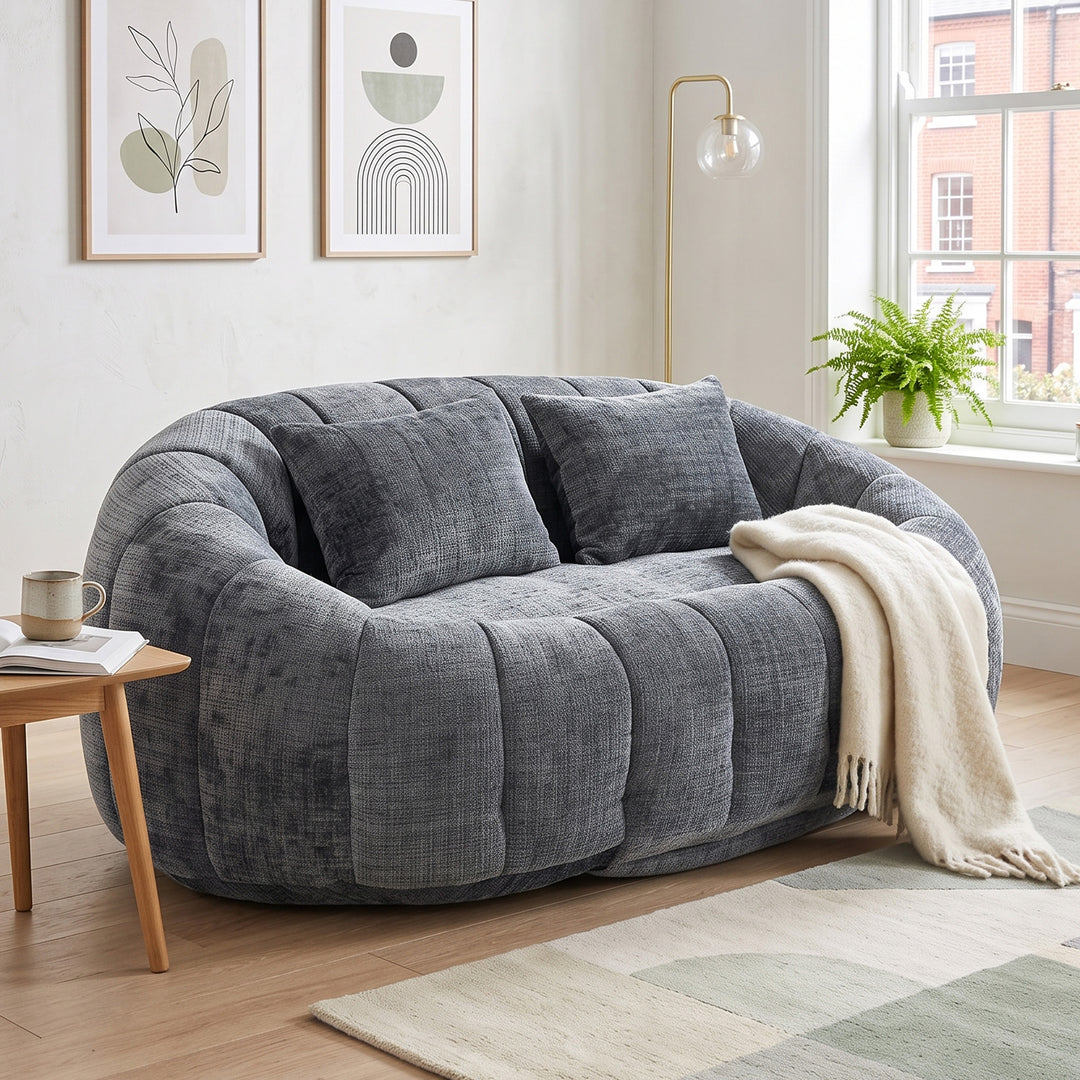 Contemporary Grey Chenille Curved Barrel Chair and Cuddle Lounger with 2 Pillows VANITYCOLLECTION