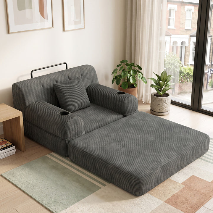 Fold-Out Single Sofa Bed Armchair in Charcoal Corduroy Grey featuring Built-In Drink Holders VANITYCONCRETE