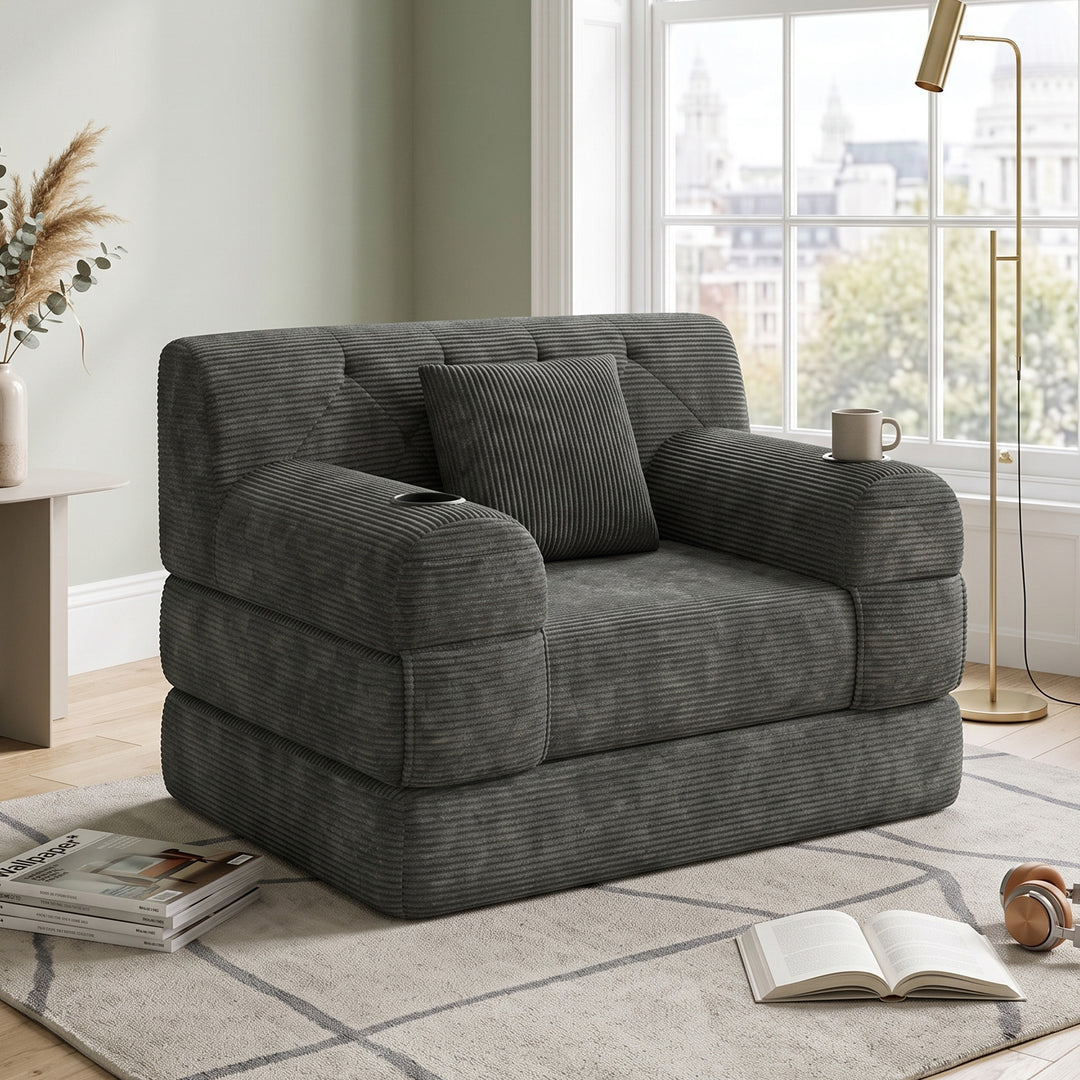 Fold-Out Single Sofa Bed Armchair in Charcoal Corduroy Grey featuring Built-In Drink Holders VANITYCONCRETE