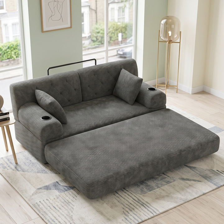 Modular 2-Seater Fold-Out Sofa Bed in Grey Corduroy featuring Storage Pockets and Matching Cushions VANITYEDGE