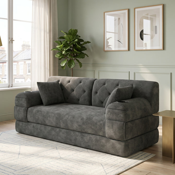 Modular 2-Seater Fold-Out Sofa Bed in Grey Corduroy featuring Storage Pockets and Matching Cushions VANITYEDGE