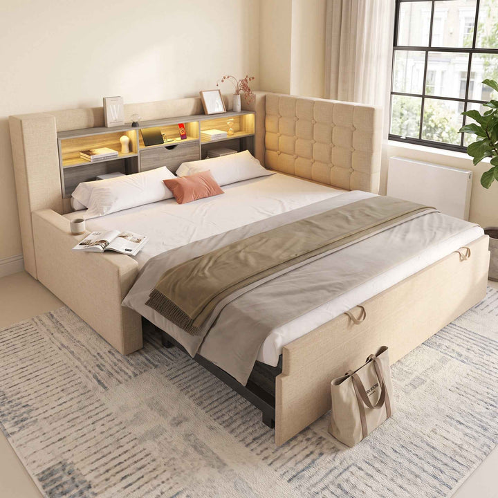 00+Modern Sofa Bed with Trundle 90 x 190 cm Linen Beige, LED Storage, USB & USB-C Charging VANITYFLOW