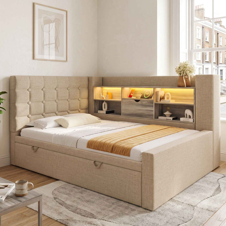 00+Modern Sofa Bed with Trundle 90 x 190 cm Linen Beige, LED Storage, USB & USB-C Charging VANITYFLOW